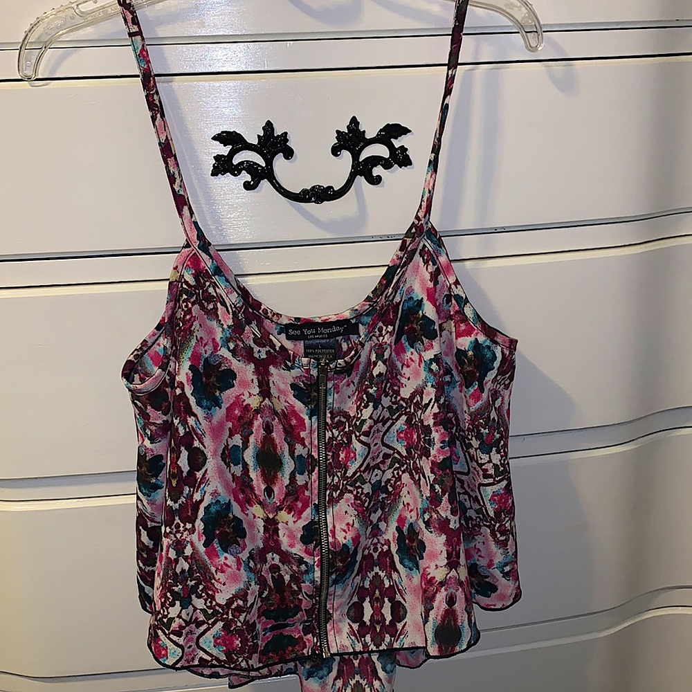 Colorful spaghetti strap tank top.